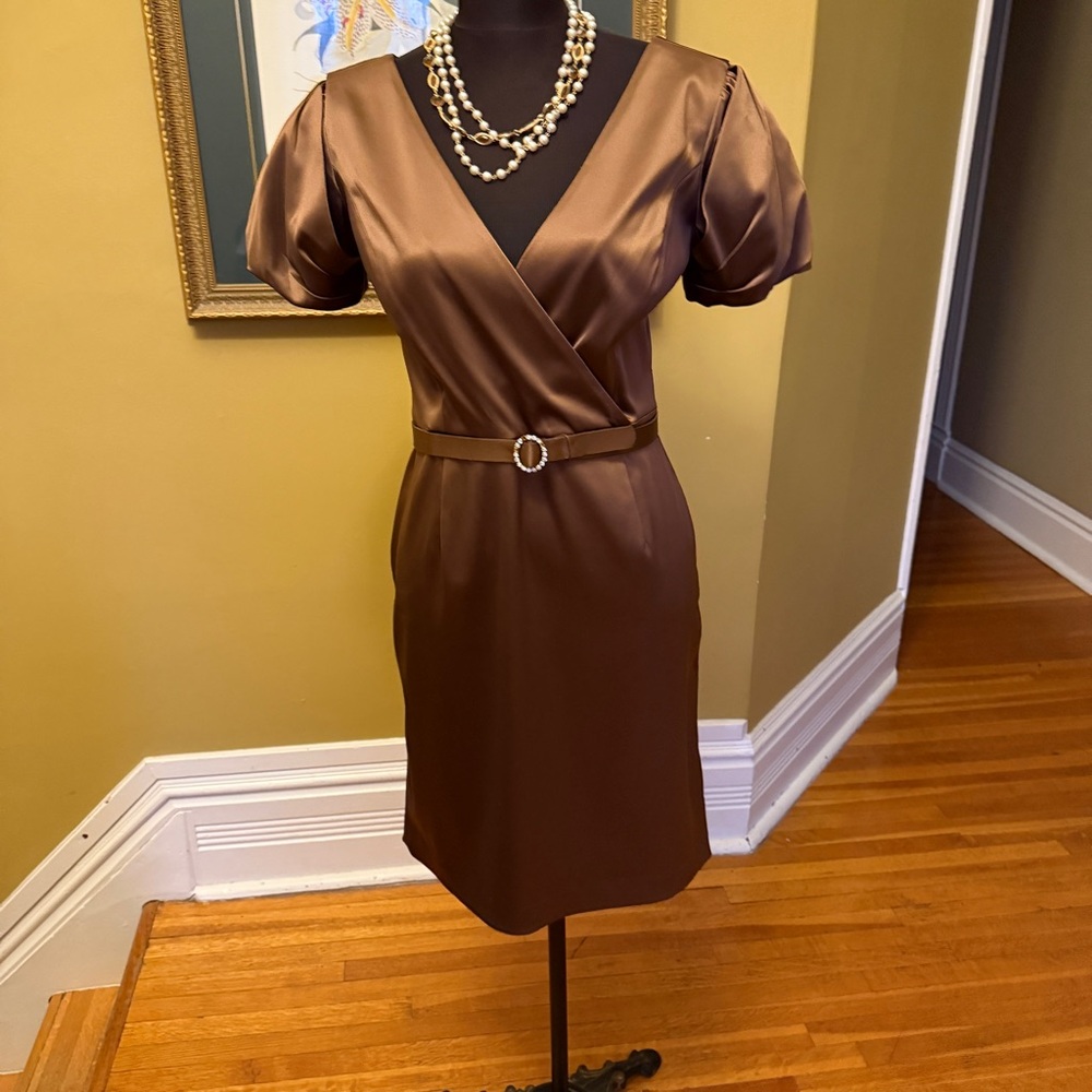 Ellen Tracy Satin Brown Midi Dress
